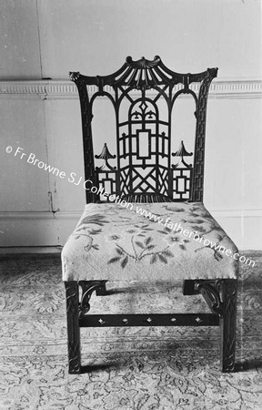 DUNSANY CASTLE  CHINEESE CHIPPENDALE CHAIR WITH EMBROIDERY BY LADY DUNSANY